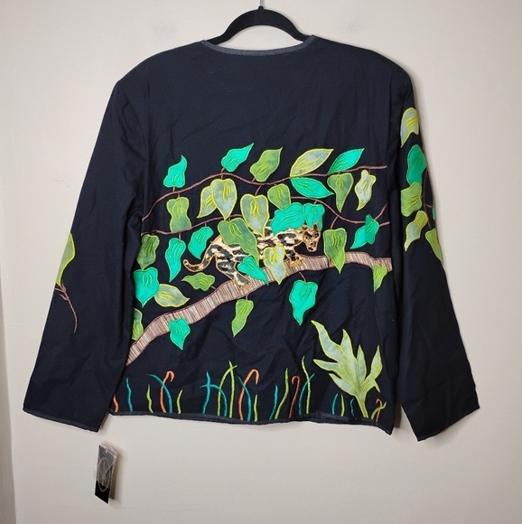 NWT Vintage Allure Embroidered Jungle Scene Jacket L Heathery Black Cotton Artsy - Picture 5 of 9